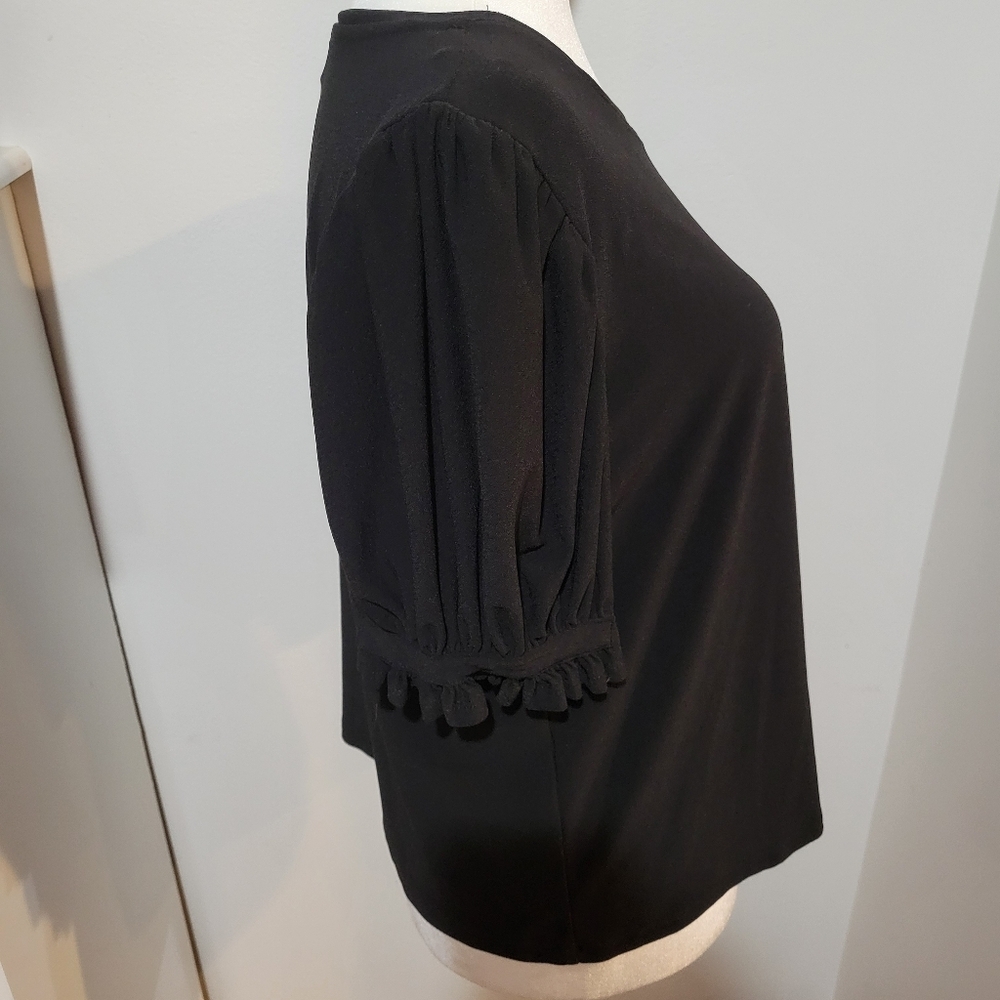 CeCe Balloon Sleeve Solid Black Round Neck Workwear Goth Blouse | Medium - Picture 3 of 7